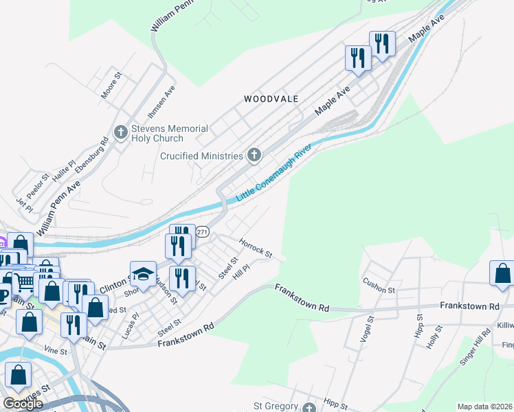 map of restaurants, bars, coffee shops, grocery stores, and more near 1199 Church St in Johnstown