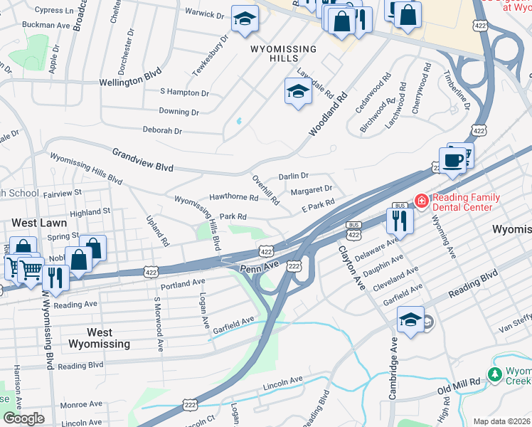 map of restaurants, bars, coffee shops, grocery stores, and more near 10 Hawthorne Road in Reading