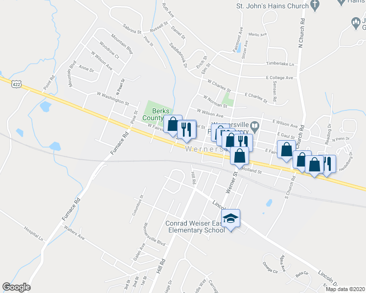 map of restaurants, bars, coffee shops, grocery stores, and more near 170 West Penn Avenue in Wernersville