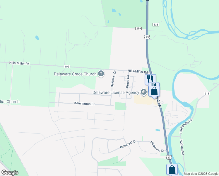 map of restaurants, bars, coffee shops, grocery stores, and more near 2233 Oakhurst Drive in Delaware