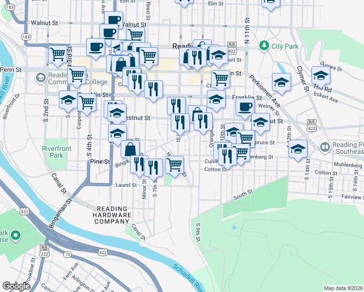 map of restaurants, bars, coffee shops, grocery stores, and more near 300 South 8th Street in Reading