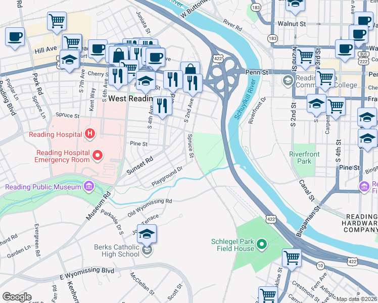 map of restaurants, bars, coffee shops, grocery stores, and more near 339 Linden Lane in Reading