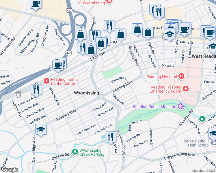map of restaurants, bars, coffee shops, grocery stores, and more near 404 Lynne Avenue in Wyomissing