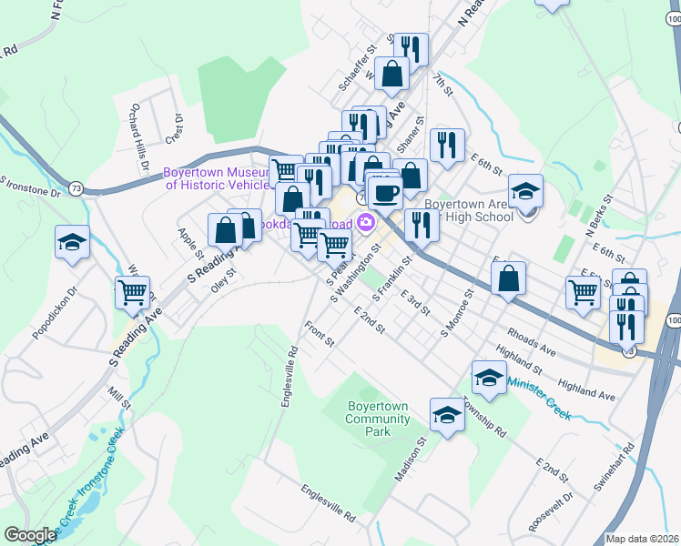 map of restaurants, bars, coffee shops, grocery stores, and more near 131 South Pear Street in Boyertown