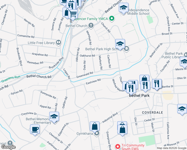 map of restaurants, bars, coffee shops, grocery stores, and more near 3007 Greenwald Rd in Bethel Park