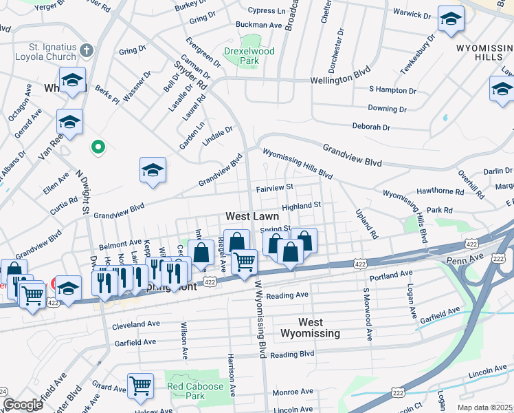 map of restaurants, bars, coffee shops, grocery stores, and more near in West Lawn