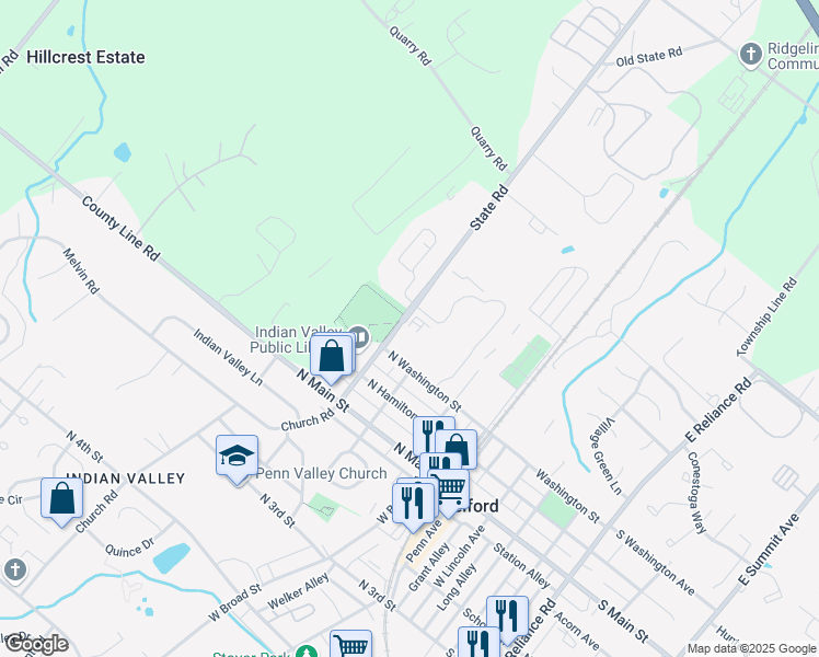 map of restaurants, bars, coffee shops, grocery stores, and more near 215 East Church Road in Telford
