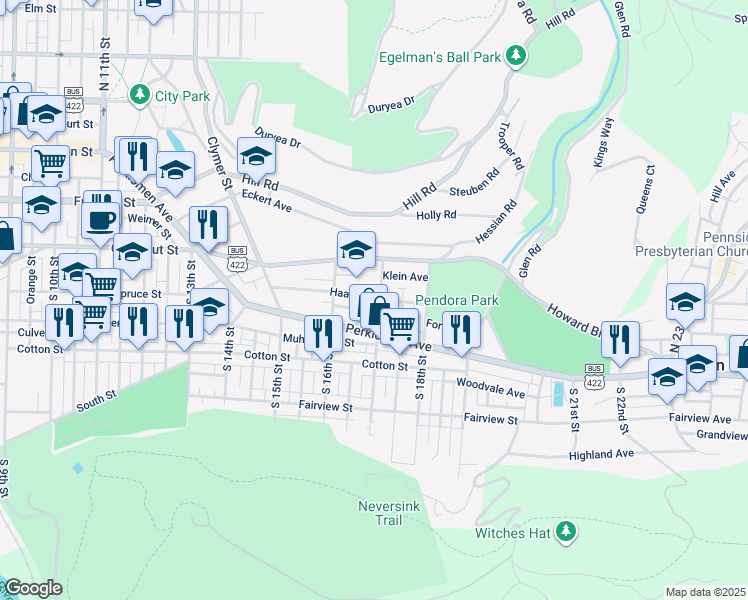 map of restaurants, bars, coffee shops, grocery stores, and more near 300 South 17th Street in Reading