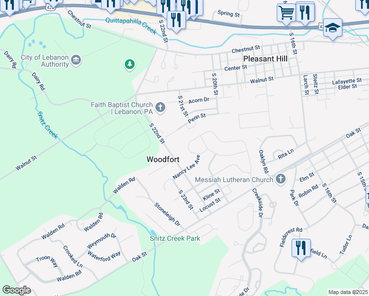 map of restaurants, bars, coffee shops, grocery stores, and more near 75 Creekside Drive in Lebanon