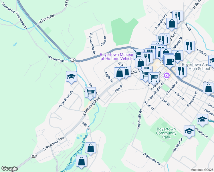 map of restaurants, bars, coffee shops, grocery stores, and more near 356 South Linden Street in Boyertown