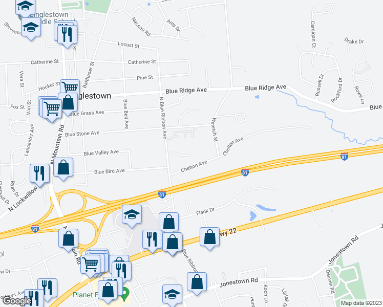 map of restaurants, bars, coffee shops, grocery stores, and more near 505 North Blue Ribbon Avenue in Harrisburg