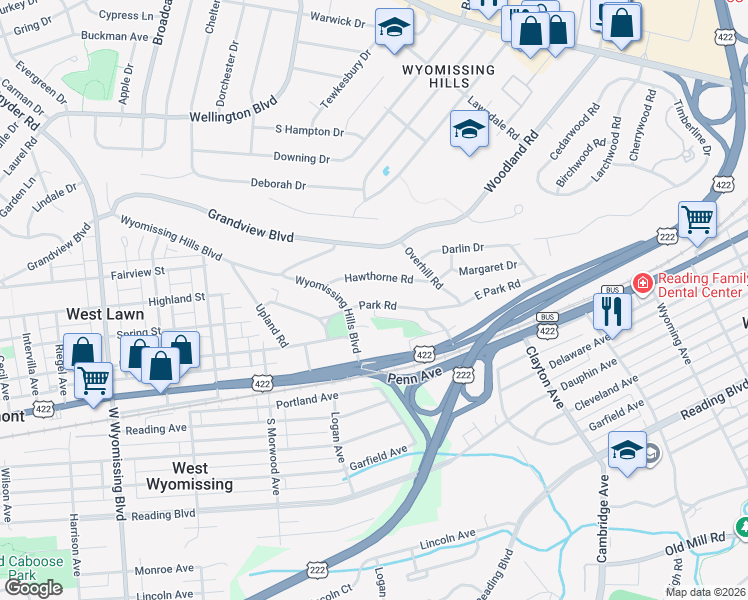 map of restaurants, bars, coffee shops, grocery stores, and more near 37 Park Road in Reading