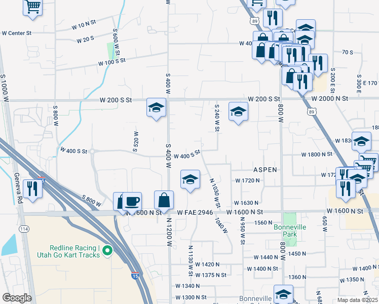 map of restaurants, bars, coffee shops, grocery stores, and more near 389 South 320 West Street in Lindon