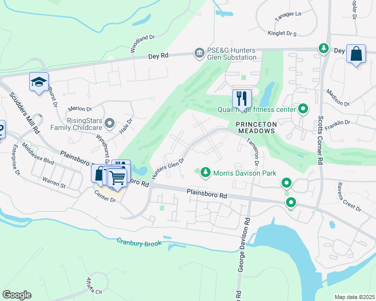 map of restaurants, bars, coffee shops, grocery stores, and more near 4201 Hunters Glen Drive in Princeton Meadows