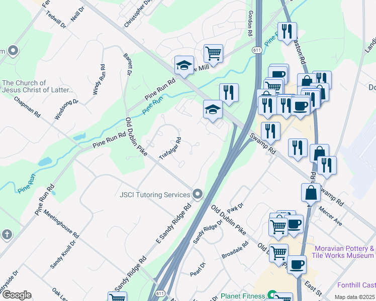 map of restaurants, bars, coffee shops, grocery stores, and more near 128 Blackfriars Circle in Doylestown
