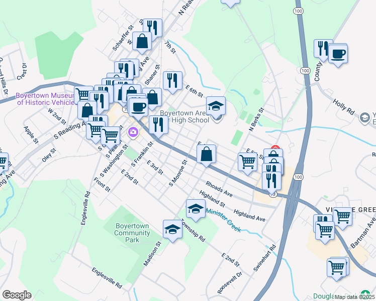 map of restaurants, bars, coffee shops, grocery stores, and more near 425 East Philadelphia Avenue in Boyertown