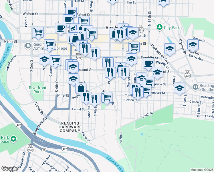 map of restaurants, bars, coffee shops, grocery stores, and more near 300 South 8th Street in Reading