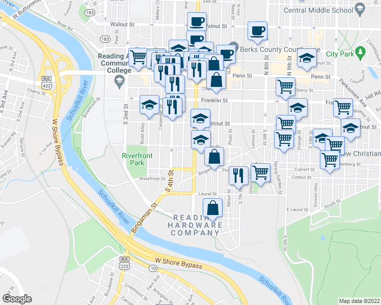 map of restaurants, bars, coffee shops, grocery stores, and more near 434 Spruce Street in Reading