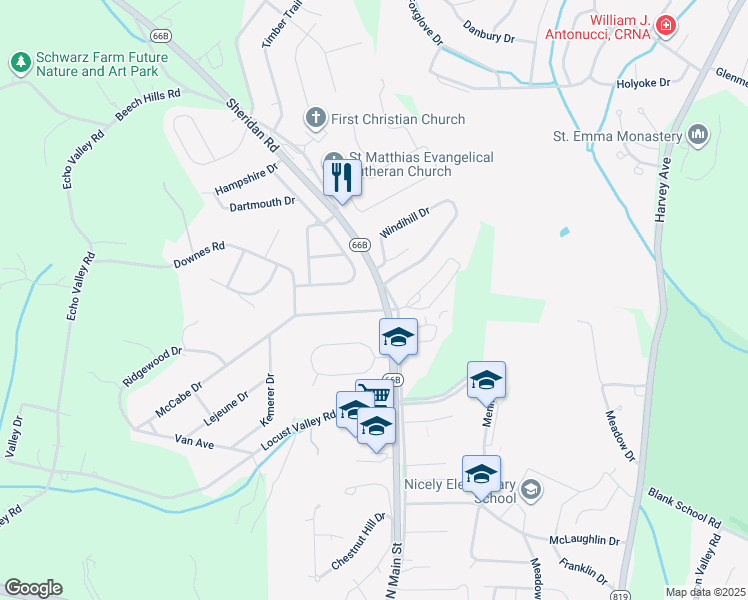 map of restaurants, bars, coffee shops, grocery stores, and more near 1105 Old Salem Road in Greensburg