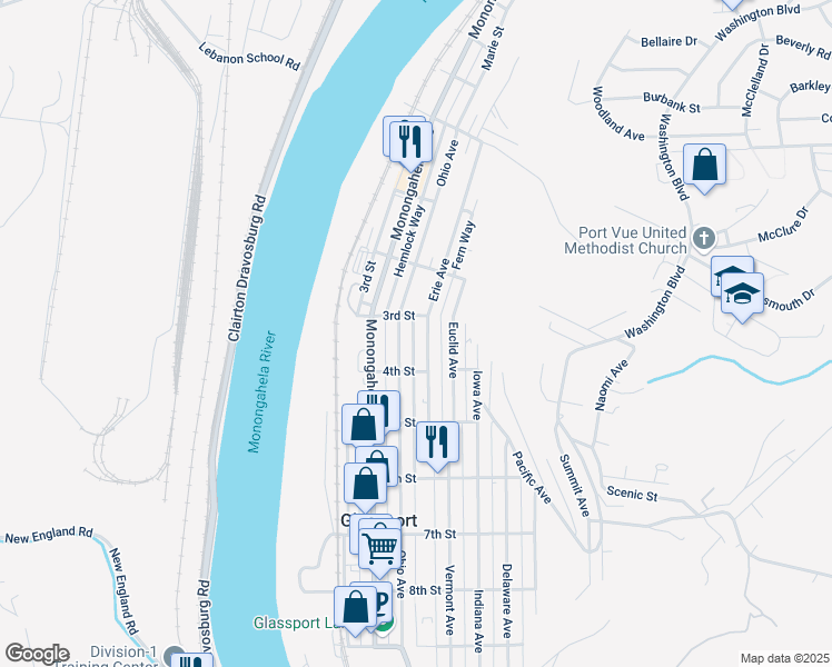 map of restaurants, bars, coffee shops, grocery stores, and more near 306 Ohio Avenue in Glassport
