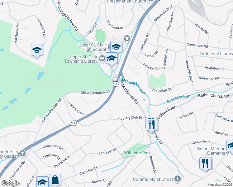 map of restaurants, bars, coffee shops, grocery stores, and more near 2221 Washington Road in Pittsburgh