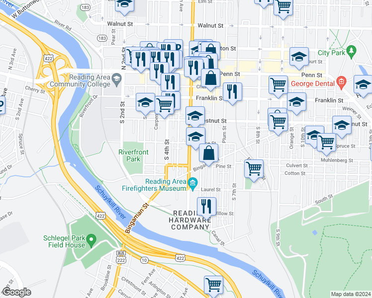 map of restaurants, bars, coffee shops, grocery stores, and more near 310 South 5th Street in Reading