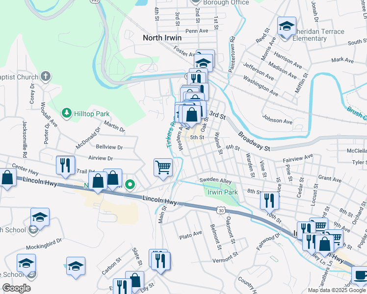map of restaurants, bars, coffee shops, grocery stores, and more near 512 Main Street in Irwin