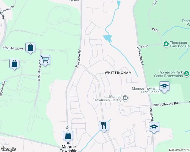 map of restaurants, bars, coffee shops, grocery stores, and more near 1 Dawson Lane in Monroe Township