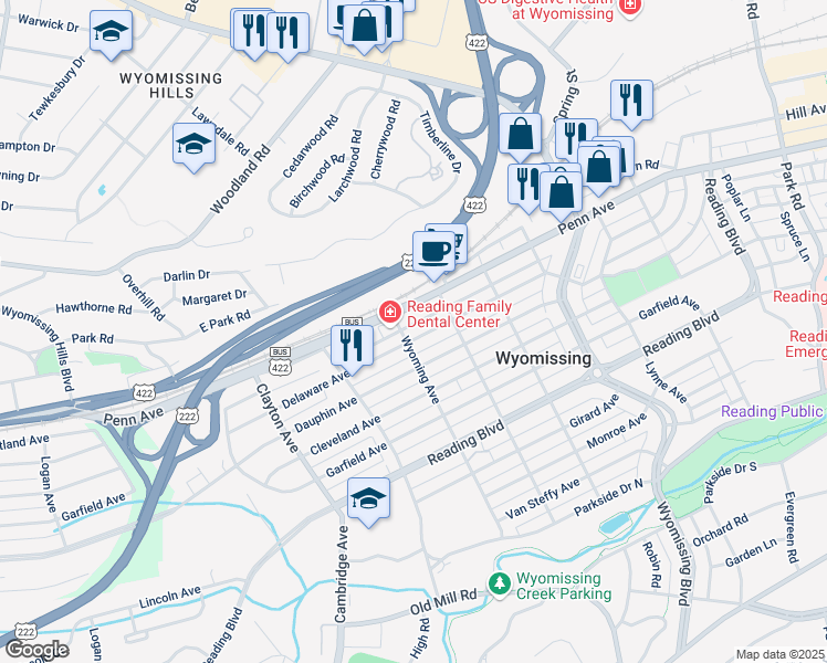 map of restaurants, bars, coffee shops, grocery stores, and more near 1436 Penn Avenue in Wyomissing