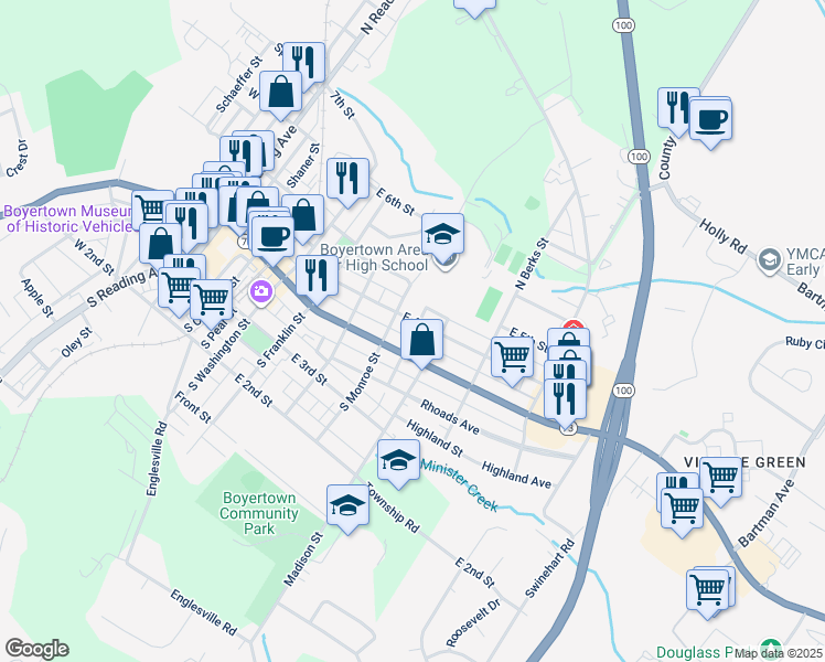 map of restaurants, bars, coffee shops, grocery stores, and more near 518 East 4th Street in Boyertown