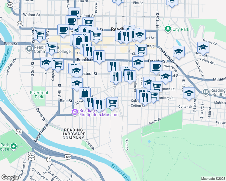 map of restaurants, bars, coffee shops, grocery stores, and more near 300 South 8th Street in Reading