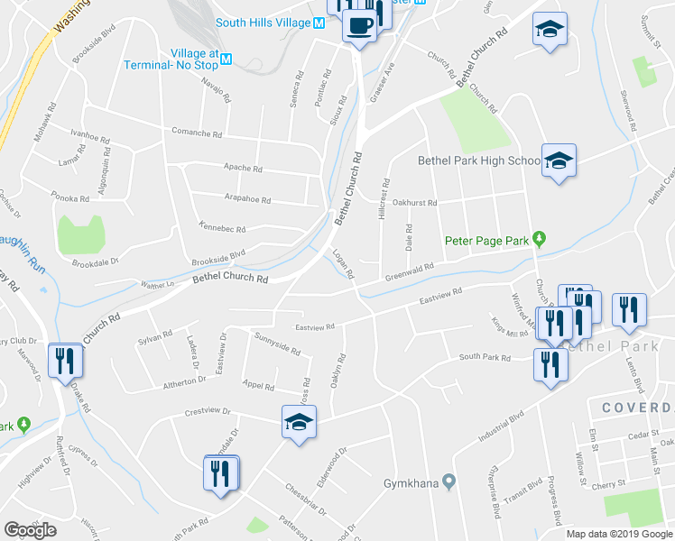 map of restaurants, bars, coffee shops, grocery stores, and more near 108 Logan Road in Bethel Park