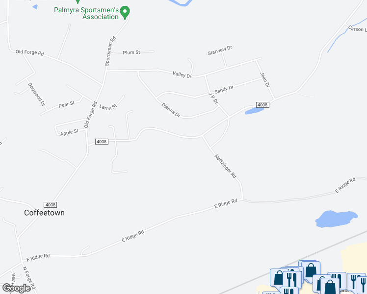 map of restaurants, bars, coffee shops, grocery stores, and more near 126 Palmyra Bellegrove Road in Annville