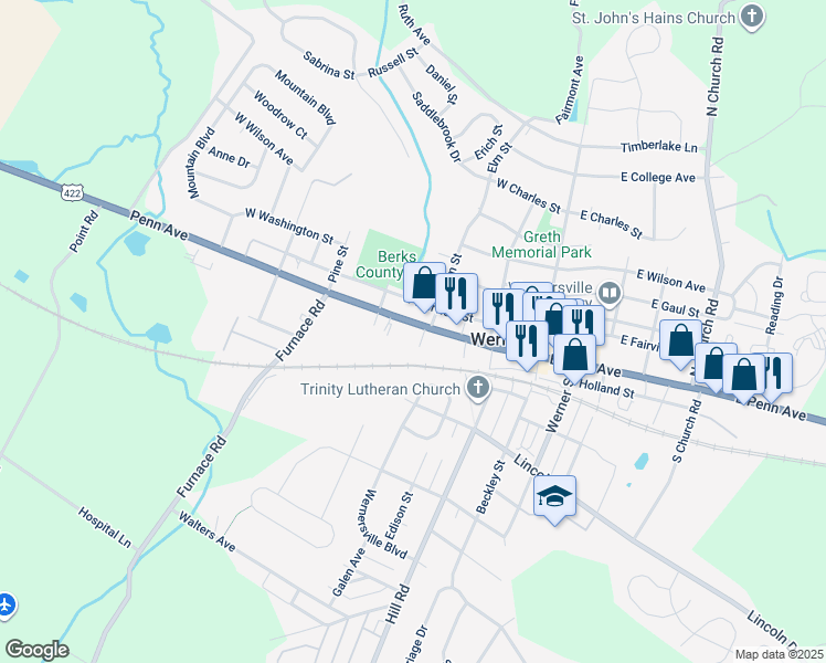 map of restaurants, bars, coffee shops, grocery stores, and more near 202 Old West Penn Avenue in Wernersville