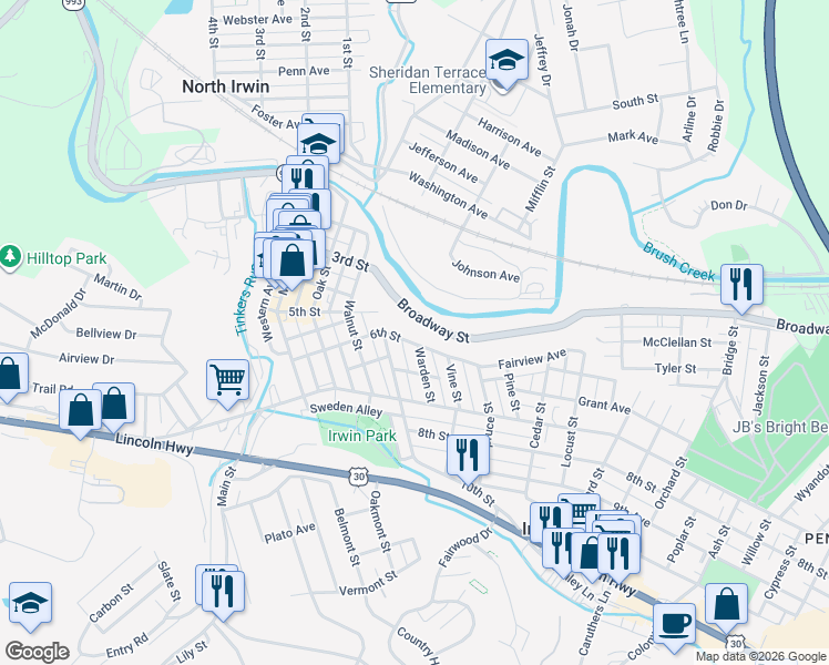 map of restaurants, bars, coffee shops, grocery stores, and more near 10409 Broadway Street in Irwin