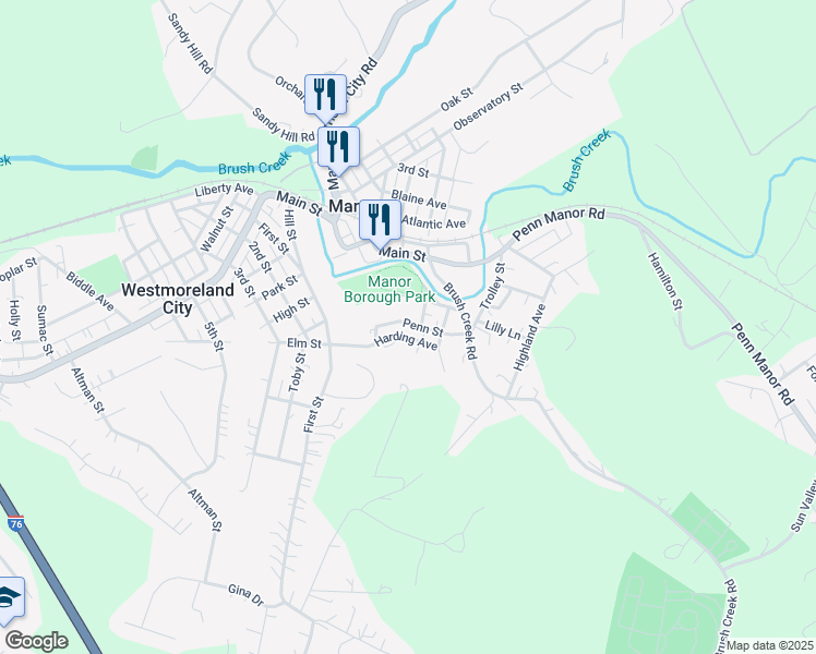 map of restaurants, bars, coffee shops, grocery stores, and more near 25 Penn Street in Manor