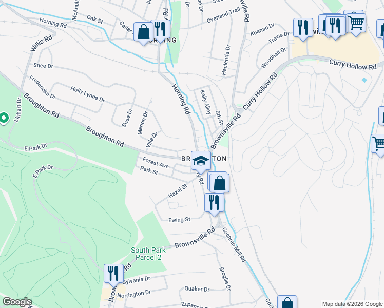 map of restaurants, bars, coffee shops, grocery stores, and more near 1201 Broughton Road in Pittsburgh