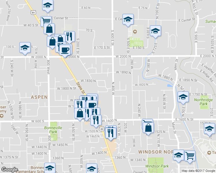map of restaurants, bars, coffee shops, grocery stores, and more near 428 West 1800 North in Orem