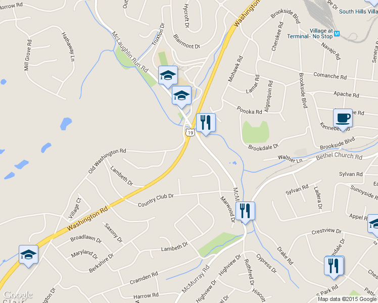 map of restaurants, bars, coffee shops, grocery stores, and more near 2221 Washington Road in Pittsburgh