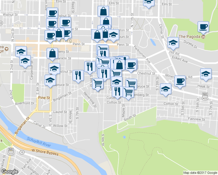 map of restaurants, bars, coffee shops, grocery stores, and more near 920 Spruce Street in Reading