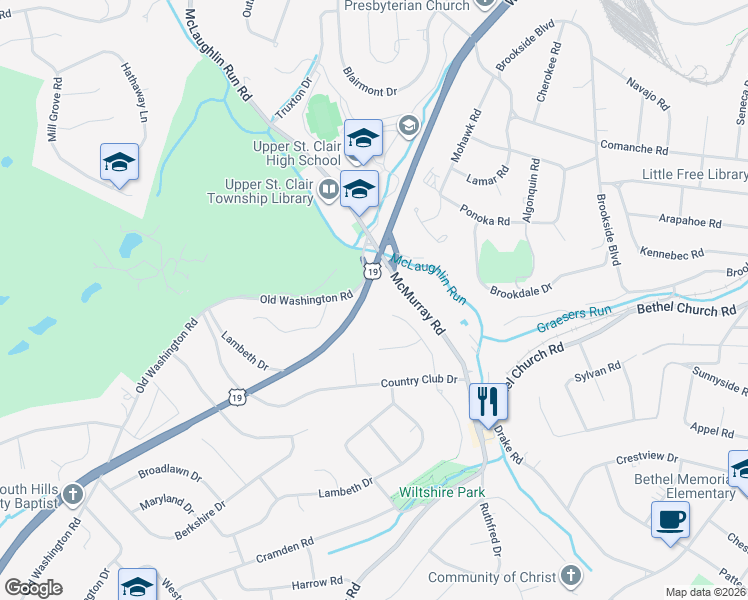 map of restaurants, bars, coffee shops, grocery stores, and more near 2221 Washington Road in Pittsburgh