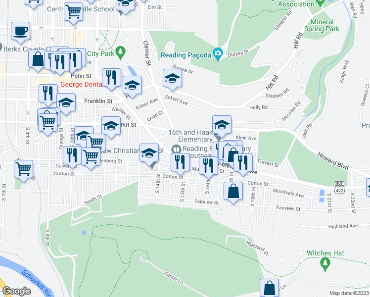 map of restaurants, bars, coffee shops, grocery stores, and more near 243 Clymer Street in Reading