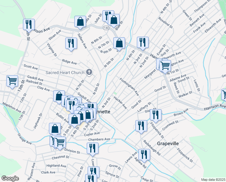 map of restaurants, bars, coffee shops, grocery stores, and more near 207 North 3rd Street in Jeannette