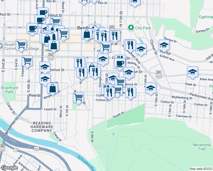 map of restaurants, bars, coffee shops, grocery stores, and more near 321 South 10th Street in Reading