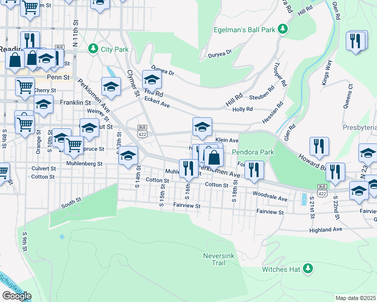 map of restaurants, bars, coffee shops, grocery stores, and more near 308 South 16th Street in Reading