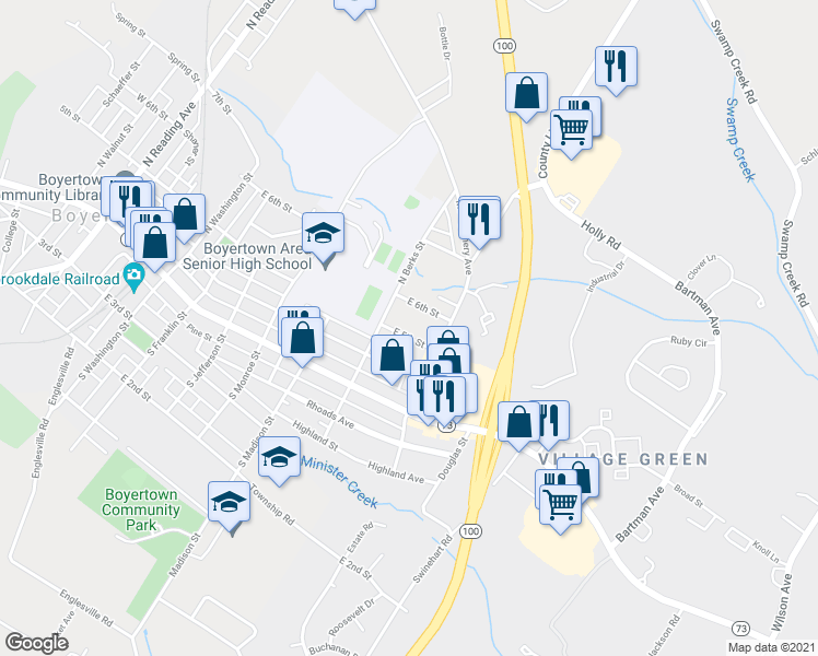 map of restaurants, bars, coffee shops, grocery stores, and more near 719 East 5th Street in Boyertown