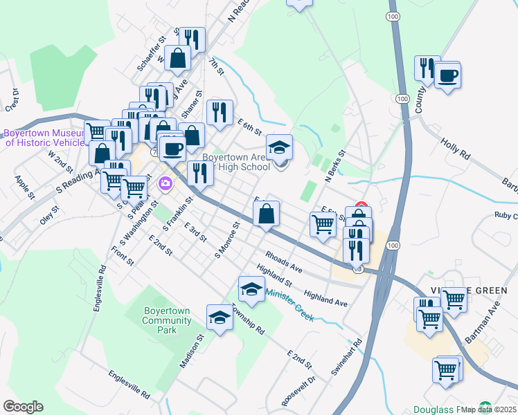 map of restaurants, bars, coffee shops, grocery stores, and more near 516 East 4th Street in Boyertown
