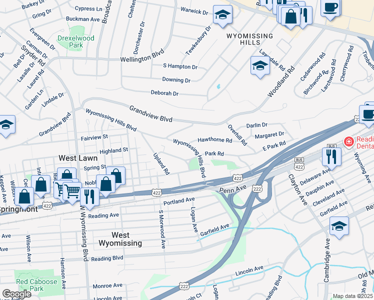 map of restaurants, bars, coffee shops, grocery stores, and more near 24 Wyomissing Hills Boulevard in Reading