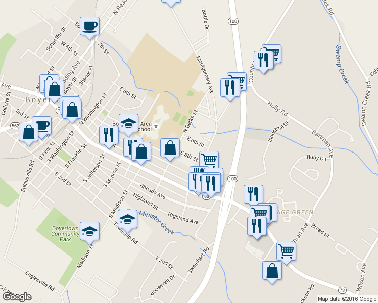 map of restaurants, bars, coffee shops, grocery stores, and more near 719 East 5th Street in Boyertown