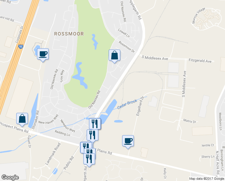 map of restaurants, bars, coffee shops, grocery stores, and more near 123 Applegarth Road in Monroe Township